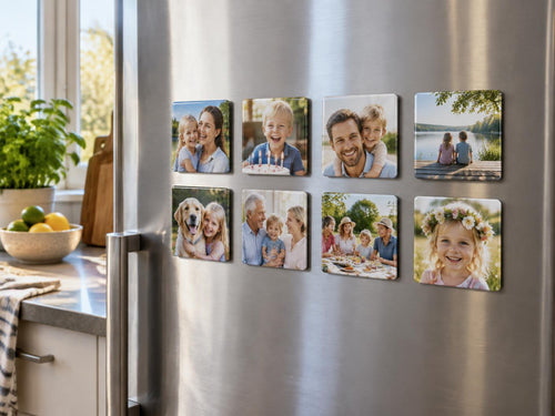 Åtta personliga fotomagneter med familjebilder på kylskåp