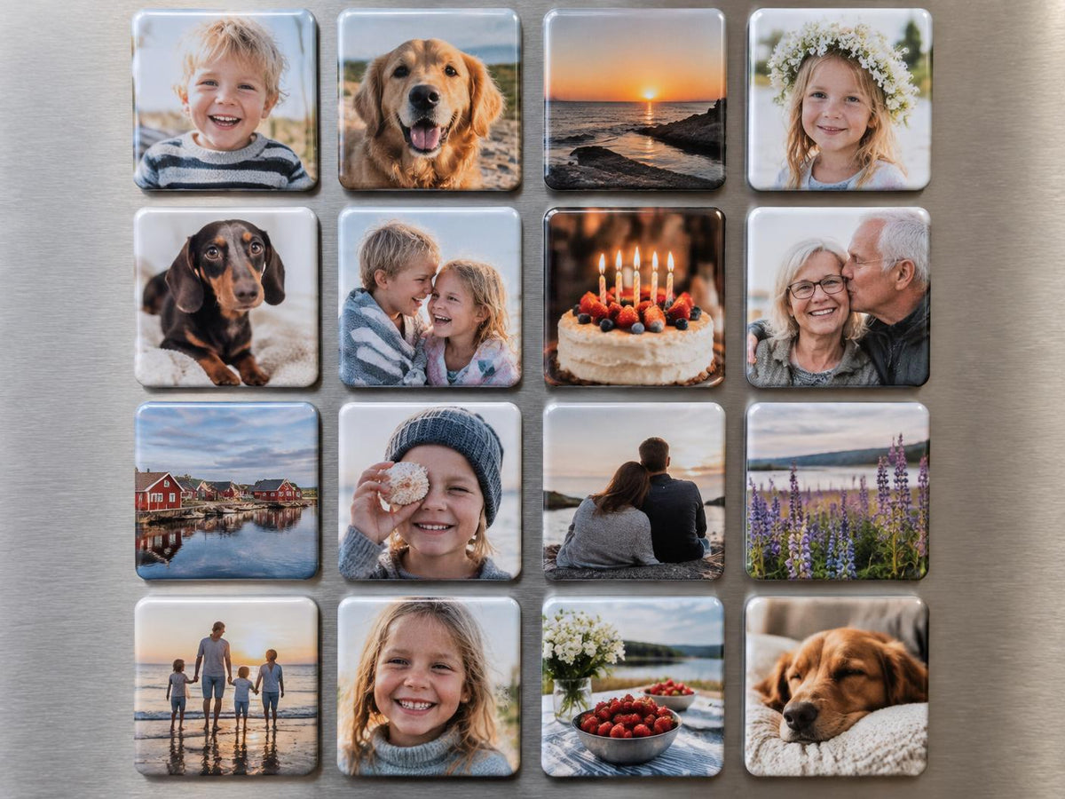 Sexton personliga fotomagneter med blandade minnen på kylskåp